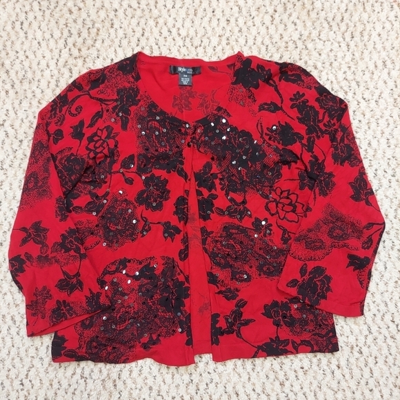 Style & Co Ladies PM Red & Black Floral 3/4 Sleeve Cardigan Sweater Sequins - Picture 1 of 13